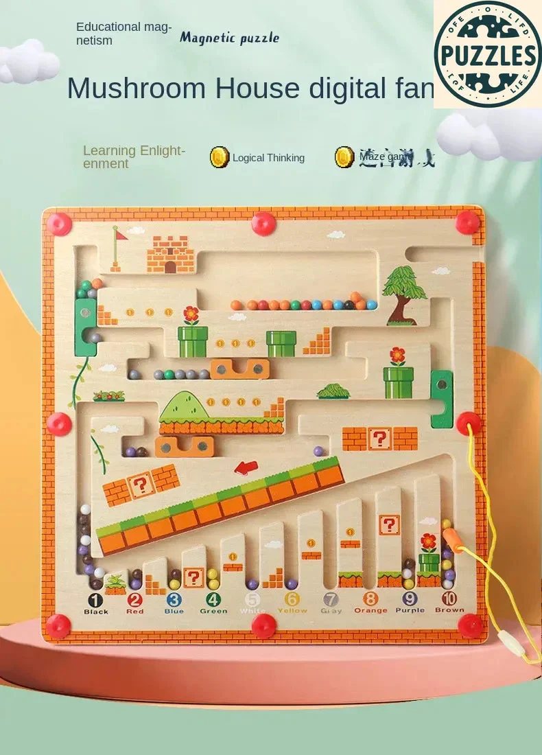 Wooden Color & Number Mushroom Maze Toy for Toddlers- Magnetic Bead Puzzle for Fine Motor Skills, Counting & Color Recognition  Ages 3+