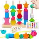5-in-1 Wooden Montessori Shape & Pattern Toy | Bead Threading, Color Sorting & Sequencing Activity Set for Toddlers | Ages 3+