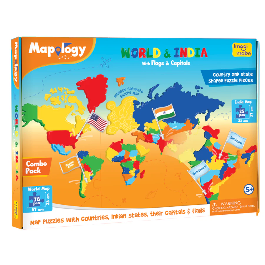Imagimake Mapology Combo: India & World Puzzle with Capitals & Flags | 103-Piece EVA Foam Educational Kit for Ages 5+