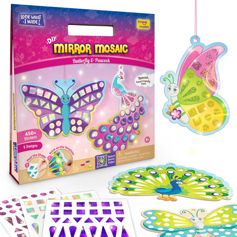 Imagimake Mirror Mosaic Butterfly & Peacock Kit  450+ Sparkling Foil Stickers & Travel-Friendly Craft Set for Ages 3+