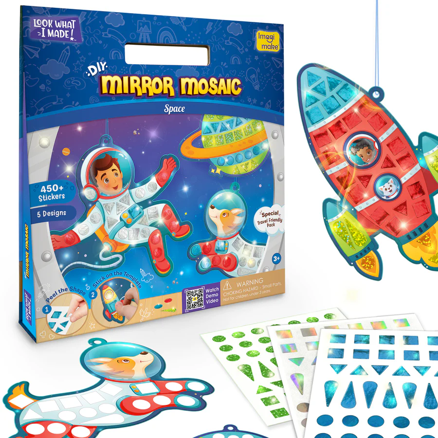 [ARTIMG004] Imagimake Mirror Mosaic Space Kit for Kids  450+ Sparkling Foil Stickers & Travel-Friendly Templates  Ages 3+