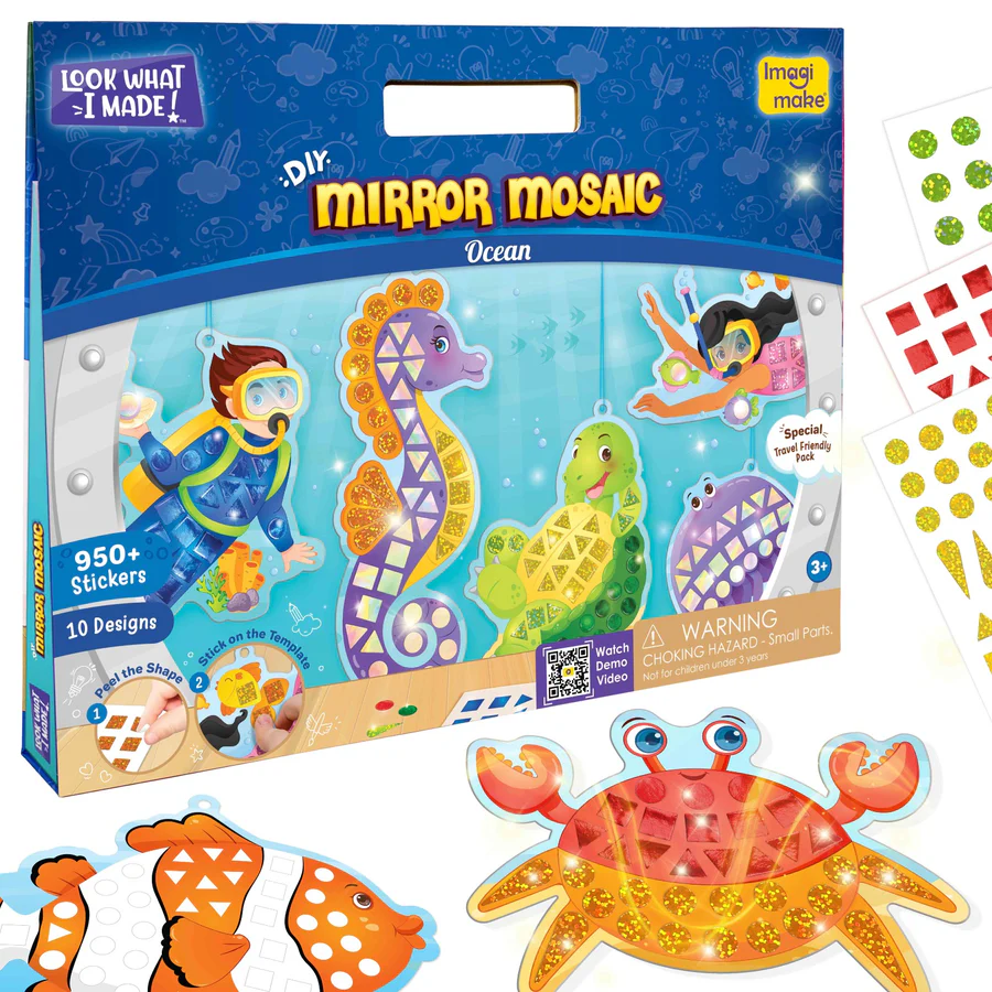 Imagimake Mirror Mosaic Ocean Craft Kit  950+ Foil Stickers & Travel-Friendly Mosaic Templates for Kids (Ages 3+)