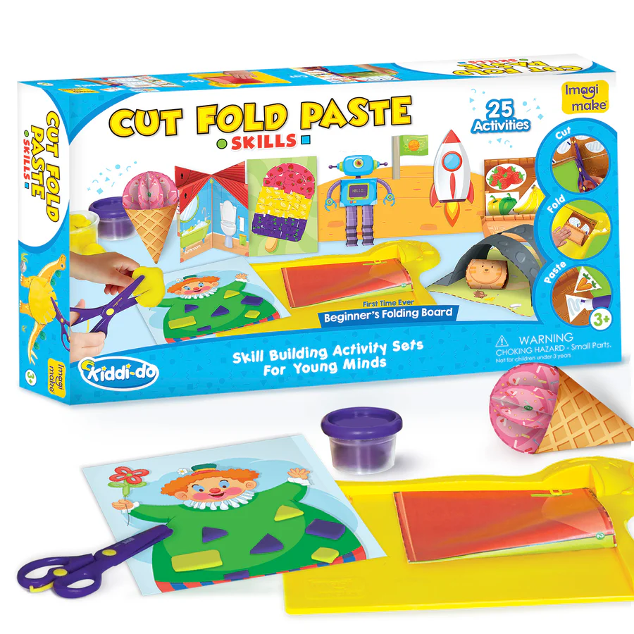 Imagimake Cut, Fold & Paste Craft Kit for Preschoolers  25-Level Fine-Motor Activity Box with Beginner’s Folding Board  Ages 3+