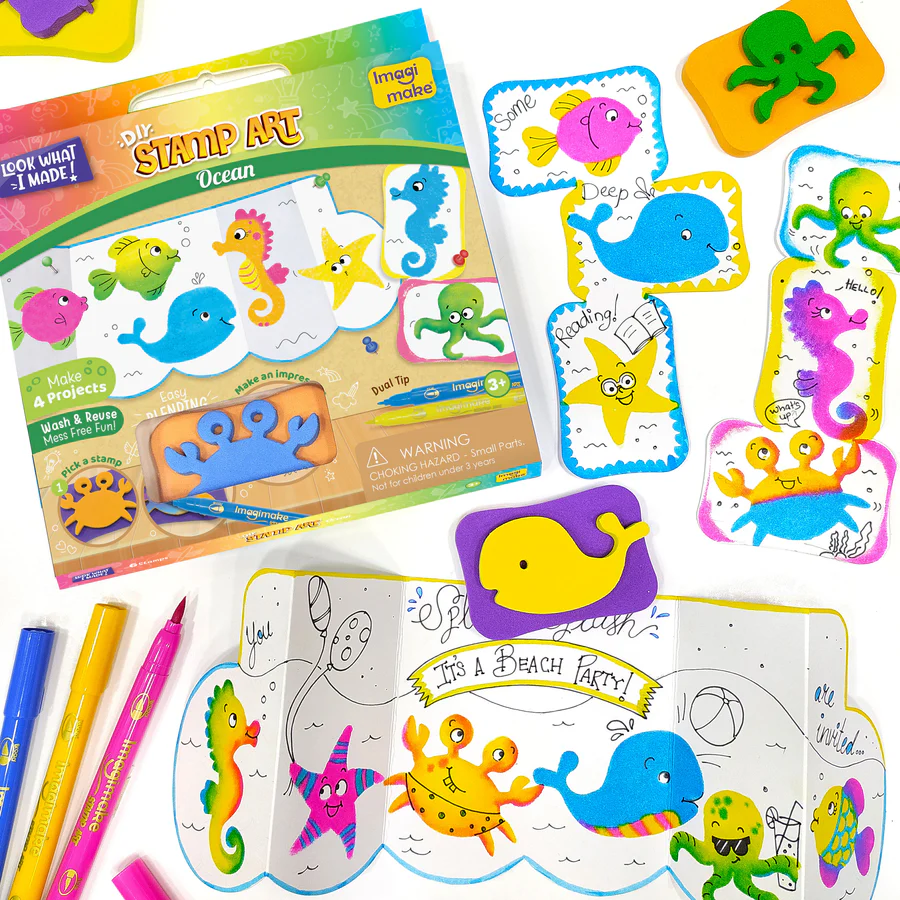 [ARTIMG007] Imagimake Stamp Art Ocean Kit for Kids  6 Reusable Ocean Stamps & 3 Washable Pens  Travel-Friendly Craft, Age 3+