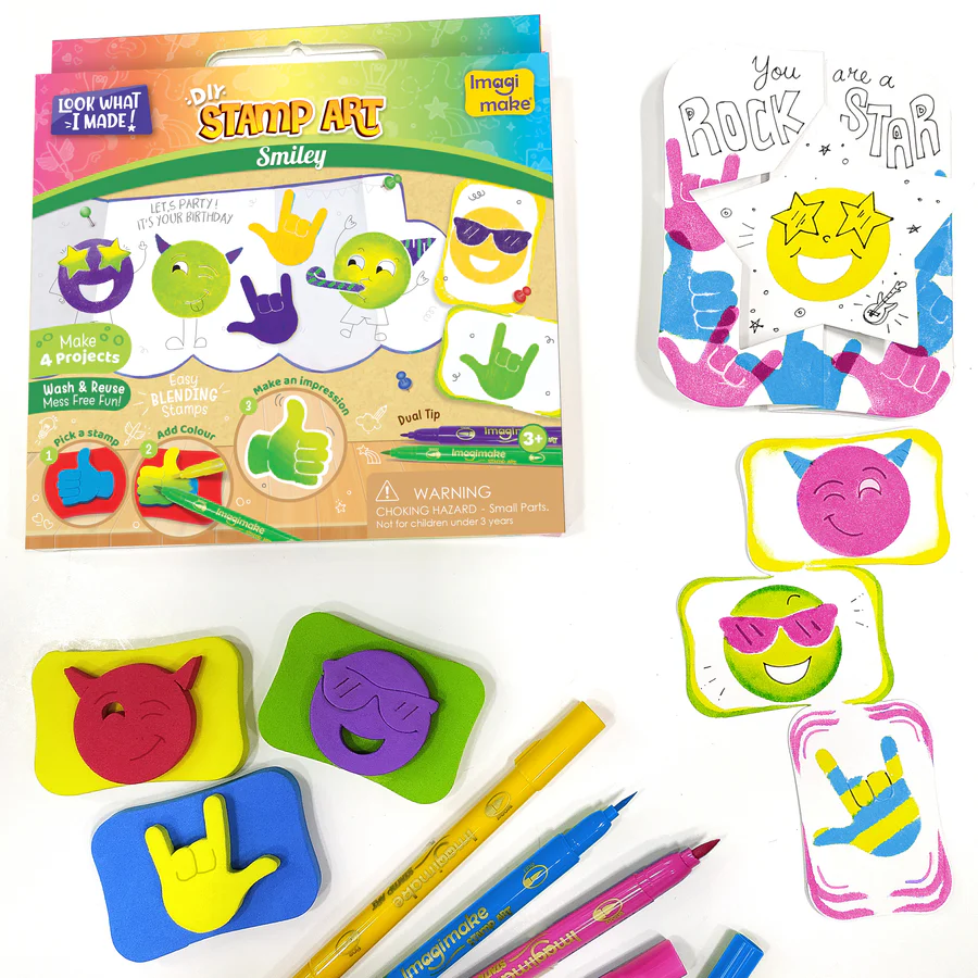 Imagimake Stamp Art Smiley Kit for Kids | 12 Washable Smiley Face Stamps & Dual-Tip Pens | Ages 3+