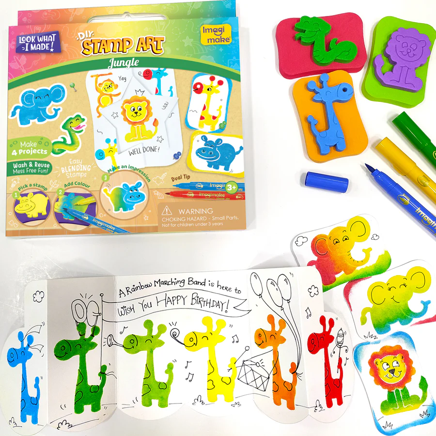 Imagimake Stamp Art Jungle Kit – 6 Fun Animal Stamps + 3 Washable Pens & 4 Design Sheets  Screen‑Free Creative Play for Ages 3+