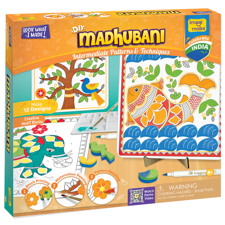 Imagimake DIY Madhubani Art Kit – 3 Canvases, 15 Motif Blocks & 10 Brush Pens  Multi-Technique Indian Folk Art for Ages 8+