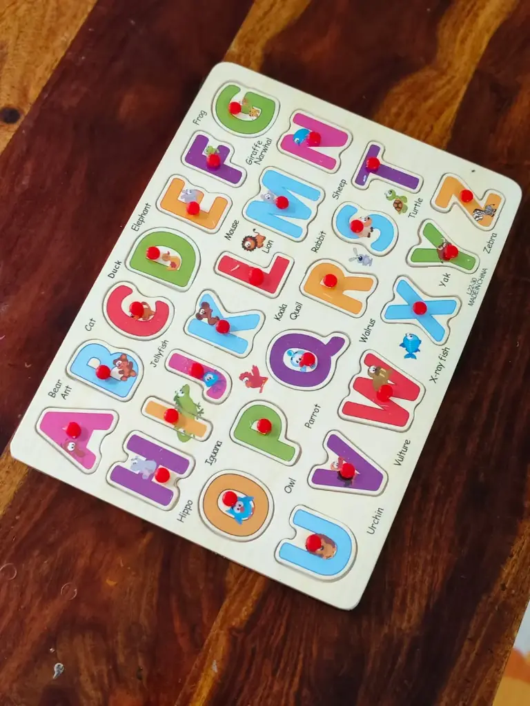 CurioSparks Wooden Uppercase Alphabet Puzzle with Knobs – Montessori ABC Board for Kids (27 Pieces)