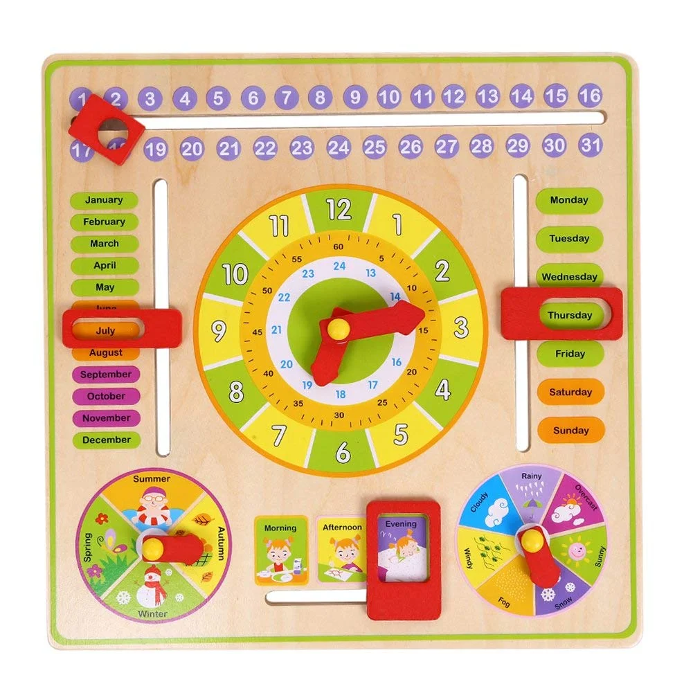 CurioSparks Wooden Learning Calendar & Clock Board – Montessori Weather, Seasons & Daily Routine Educational Toy