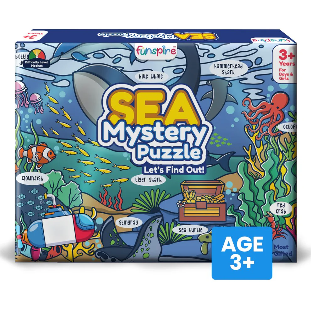 Sea Adventure Wooden Jigsaw Puzzle for Kids – 38-Piece Set with Sea Animal Flashcards, Stickers & Storybook – Educational Toy for Ages 3–8