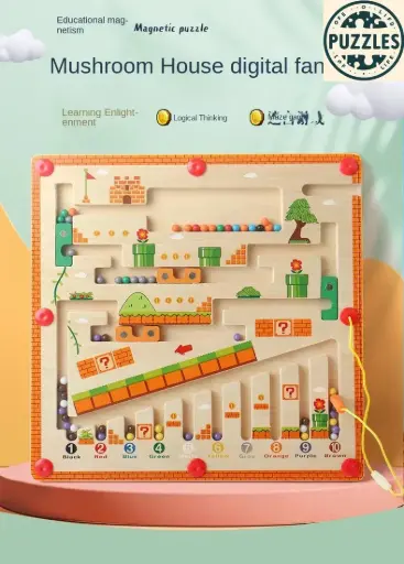 [PZLKDL002] Wooden Color & Number Mushroom Maze Toy for Toddlers- Magnetic Bead Puzzle for Fine Motor Skills, Counting & Color Recognition  Ages 3+