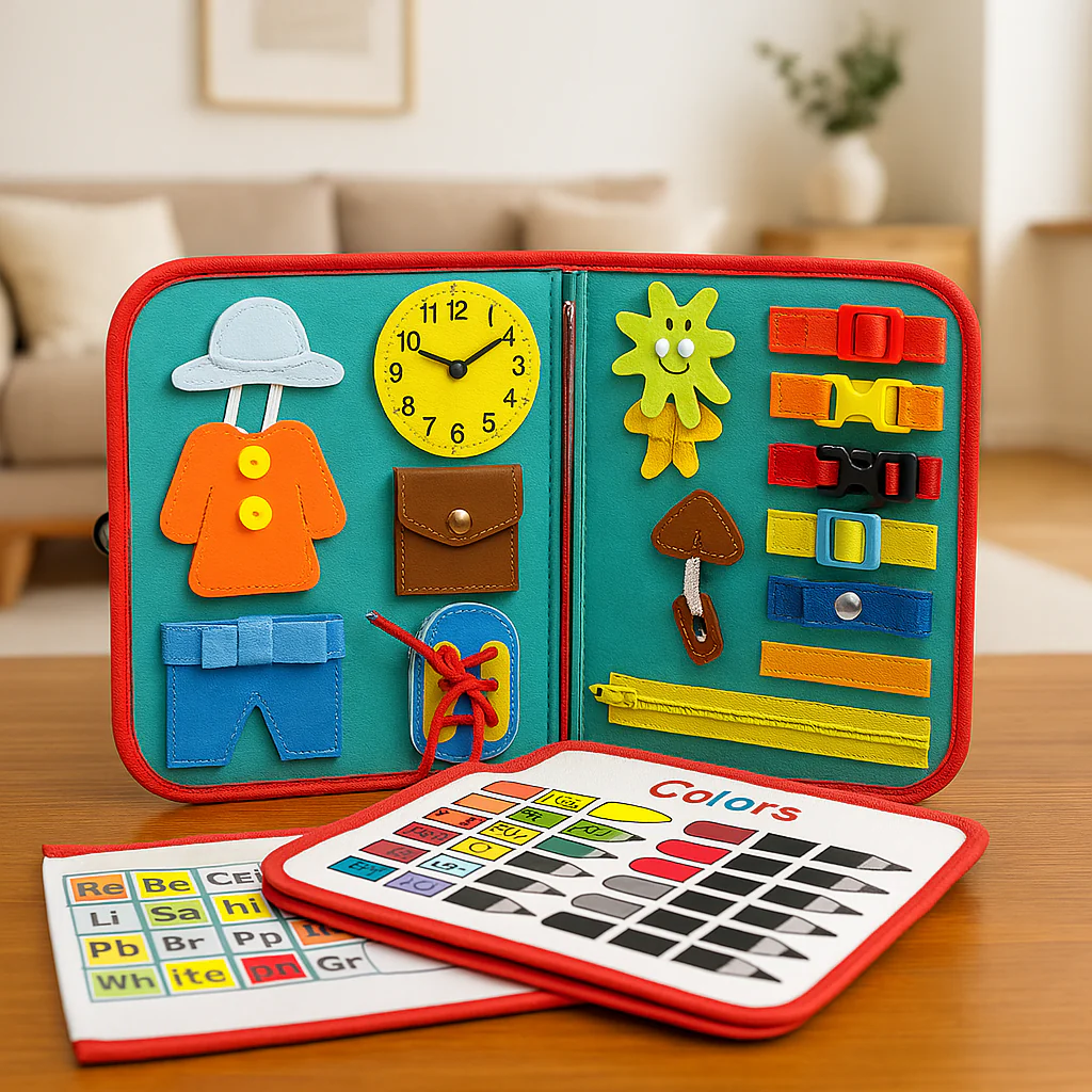 [EDUKDL001] 7-in-1 Toddler Busy Book with Zippers, Buckles, Laces & Educational Activities | Montessori Learning Travel Toy for Ages 1–5