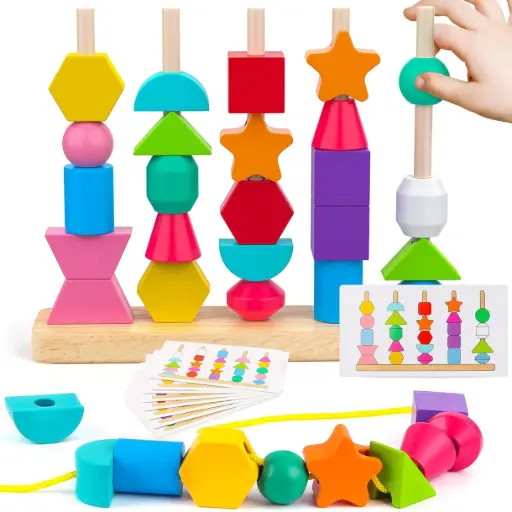 [EDUKDL002] 5-in-1 Wooden Montessori Shape & Pattern Toy | Bead Threading, Color Sorting & Sequencing Activity Set for Toddlers | Ages 3+