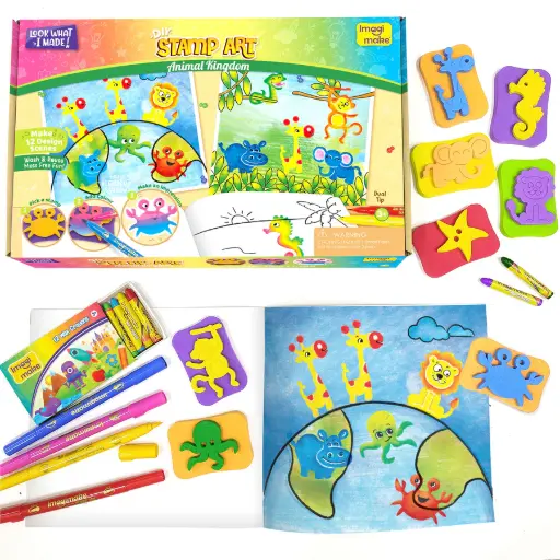 [ARTIMG008] Imagimake Animal Kingdom Stamp Art Kit for Kids | 12 Washable Stamps, Dual-Tip Pens & 12 Design Scenes | Ages 3+