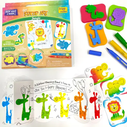 [ARTIMG010] Imagimake Stamp Art Jungle Kit – 6 Fun Animal Stamps + 3 Washable Pens & 4 Design Sheets  Screen‑Free Creative Play for Ages 3+