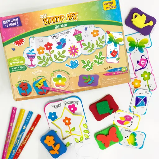 [ARTIMG011] Imagimake Stamp Art Garden Kit for Kids | 6 Floral Stamps, 3 Washable Pens & 4 Garden Scene Sheets | Ages 3+