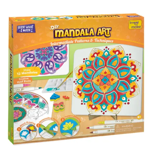 [ARTIMG012] Imagimake Mandala Art Kit – 12 Mandala Projects with Watercolor Pens, Motif Blocks & Canvas Stand | Ages 8+
