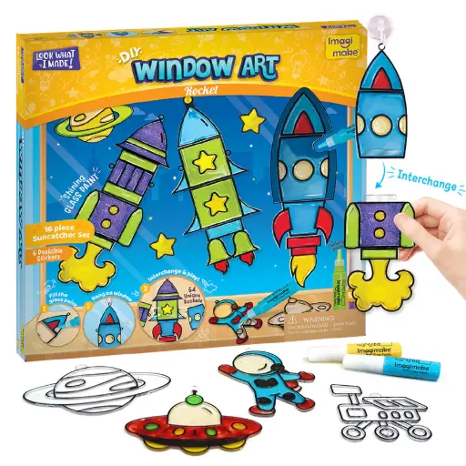 [ARTIMG028] Imagimake Window Art Rocket DIY Craft Kit for Kids  Space-Themed Glass Painting Activity with Suction Hooks (Ages 4+)