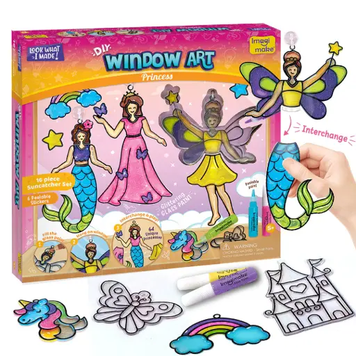 [ARTIMG029] Imagimake Window Art Princess DIY Craft Kit for Kids  Glass Painting Activity with Suction Cups – Create & Display Princess Designs (Ages 4+)