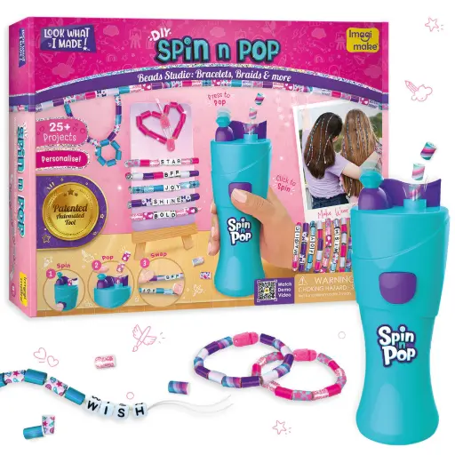 [ARTIMG031] Imagimake Spin N Pop Beads Studio for Kids  350+ DIY Pop Beads, Braiding & Bracelet Making Kit with Spinner Tool (Ages 5+)